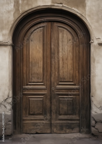 Weathered wooden door in an ancient building with a graceful arched doorway. Dark brown hue and worn texture showcase its age and history