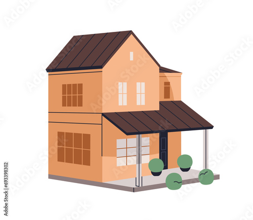 House with terrace. Home building exterior. Two-storey residential construction. Mansion facade. Living architecture, outdoor view. Real estate. Flat vector illustration isolated on white background