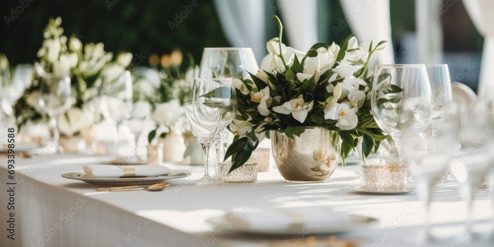 Centerpiece made of green leaves and fresh flowers stands on the dinner table. Wedding day. Fresh flowers decorations. 