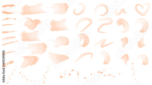Set watercolor brush strokes and splash peach fuzz color 2024