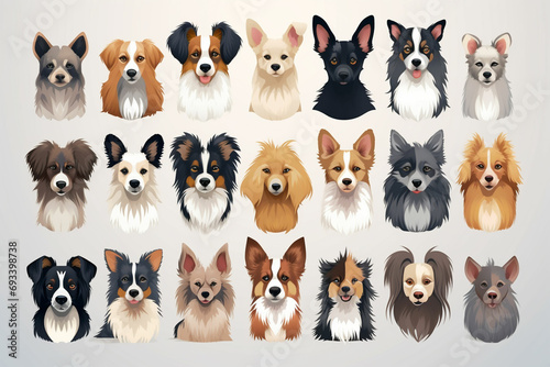 Create a series of vector illustrations featuring the distinct characteristics of various dog breeds. Highlight the unique features of each breed, such as ears, snouts, and markings.