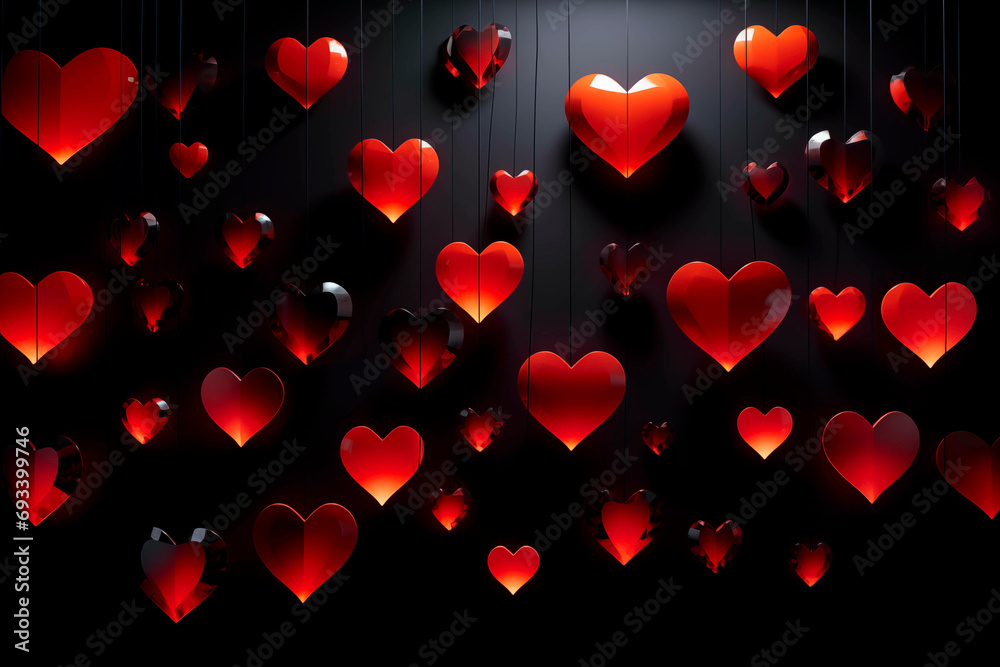 Romantic red hearts glowing on dark background.
