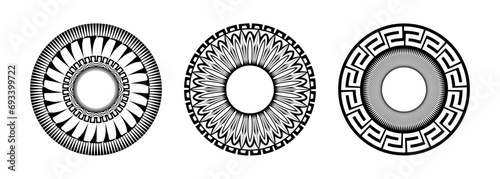 A Set of vector illustrations featuring halftone-effect lines within geometric round frames. Retro patterned border lines. ideal for logo, card, T shirt print. 