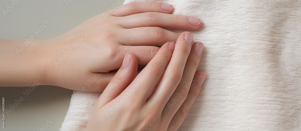 Close-up top view of woman's perfectly manicured natural hands on a towel.