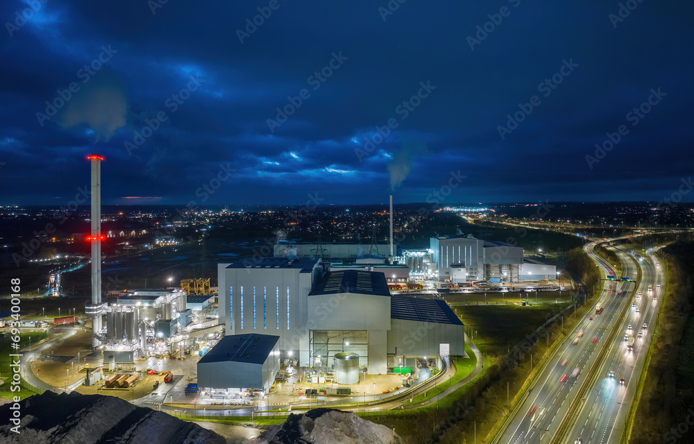 Ferrybridge, Yorkshire, England. Ferrybridge Gas and multifuel power stations. Carbon Capture generating green energy electricity helping climate change in the UK. Aerial View