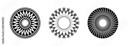 A Set of vector illustrations featuring halftone-effect lines within geometric round frames. Retro patterned border lines. ideal for logo, card, T shirt print. 