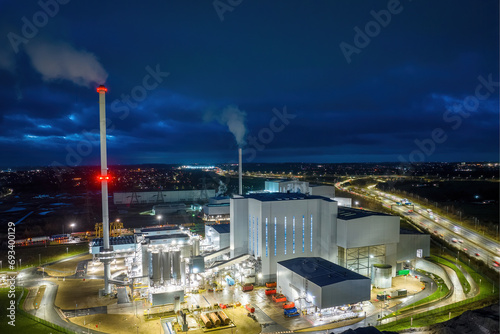 Ferrybridge, Yorkshire, England. Ferrybridge Gas and multifuel power stations. Carbon Capture generating green energy electricity helping climate change in the UK. Aerial View photo