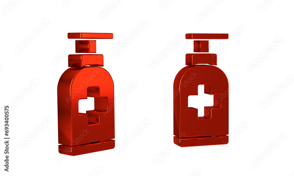 Obraz premium Red Bottle of liquid antibacterial soap with dispenser icon isolated on transparent background. Antiseptic. Disinfection, hygiene, skin care.