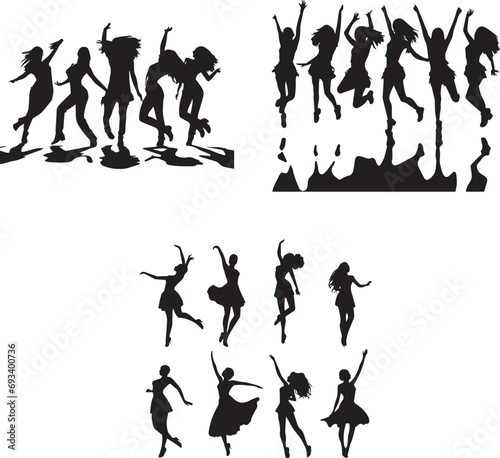 Silhouettes of women dancing isolated on white background