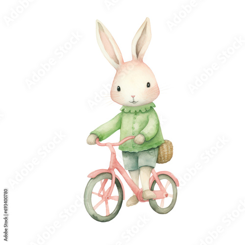 Watercolor illustration of cute bunny is riding a bicycle Spring season concept.
