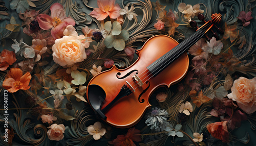a violin is surrounded by flowers and a violin