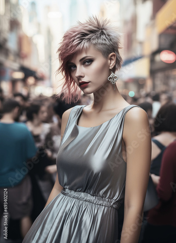 Trendy Frau, 35, in einer belebten Großstadtstraße mit Pixie Haarschnitt und Sommerkleid photo