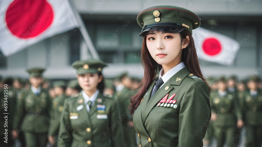 Cute Asian Girl In Military Suit Background