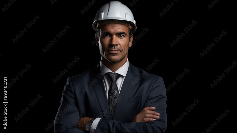 A Expert engineering consultant with arms crossed looking at camera, side view, half body shot, black isolated background, PNG, A Expert engineering consultant with arms crossed looking at camera, side view, half body shot, black isolated background, PNG,