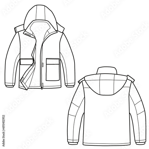 Windbreaker hooded jacket, windproof hooded jacket for girls with pockets. Outerwear jackets technical fashion illustration. Flat coat template front and back view.