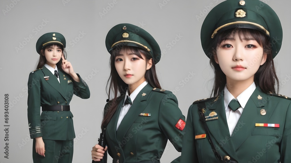 Cute Asian Girl In Military Suit Background