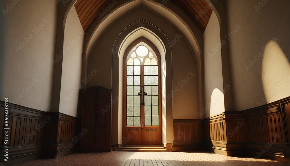 協会の玄関　アーチ状の美しい窓や細工されたガラス窓