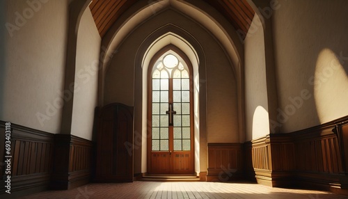 協会の玄関 アーチ状の美しい窓や細工されたガラス窓