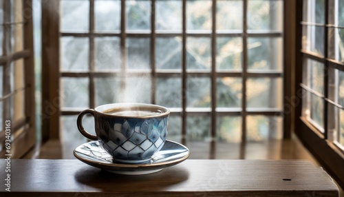 レトロな古民家喫茶店のコーヒー アツアツの湯気と美しいカップ