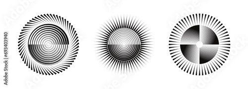 A Set of vector illustration halftone effect lines in geometric round form. Sun logo. Retro speed lines pattern. Round swirl and curve movement spiral modern symbols