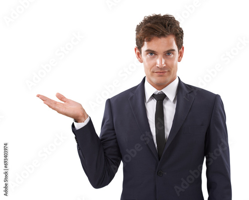 Entrepreneur, hand and portrait with choice in mockup, space and white background in studio. Confident, businessman and gesture to show option with information, advice or presentation with mock up