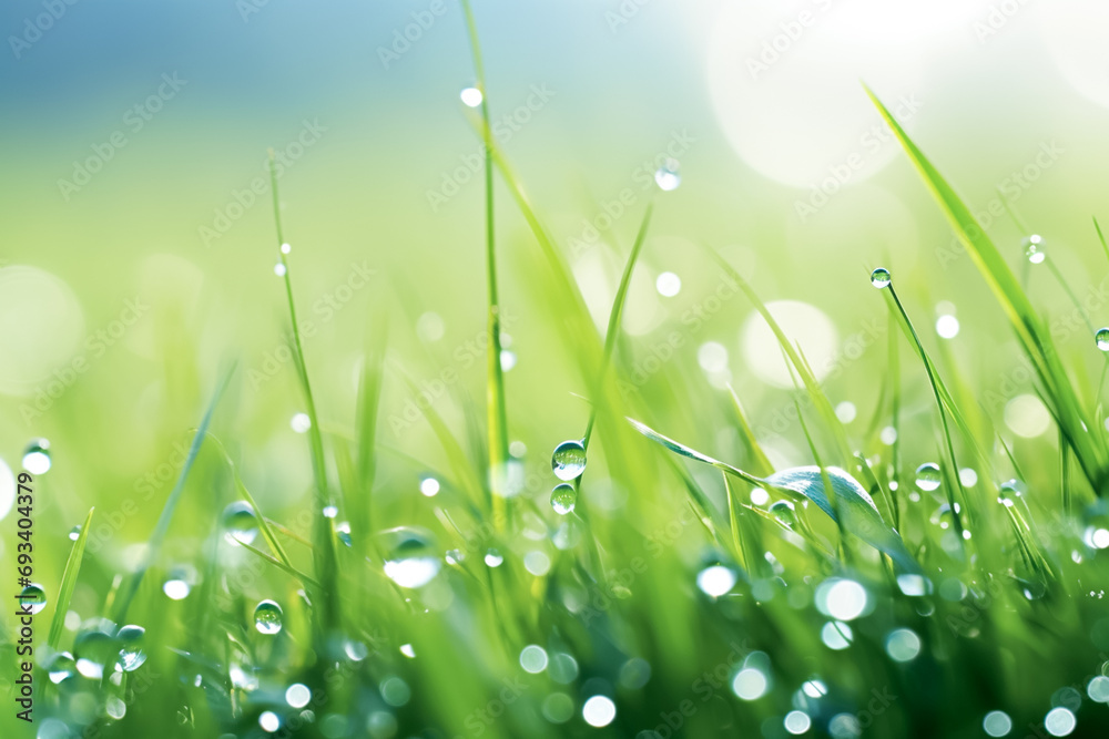 Fresh juicy young grass in droplets of morning dew, spring on a nature background. Drops of water on the grass, natural wallpaper. Beautiful leaf texture in nature.

