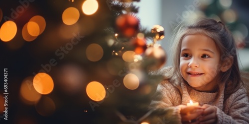 Cute little girl near christmas tree branch with bengal lights against the background of sparkling garlands happy child makes a wish for new year