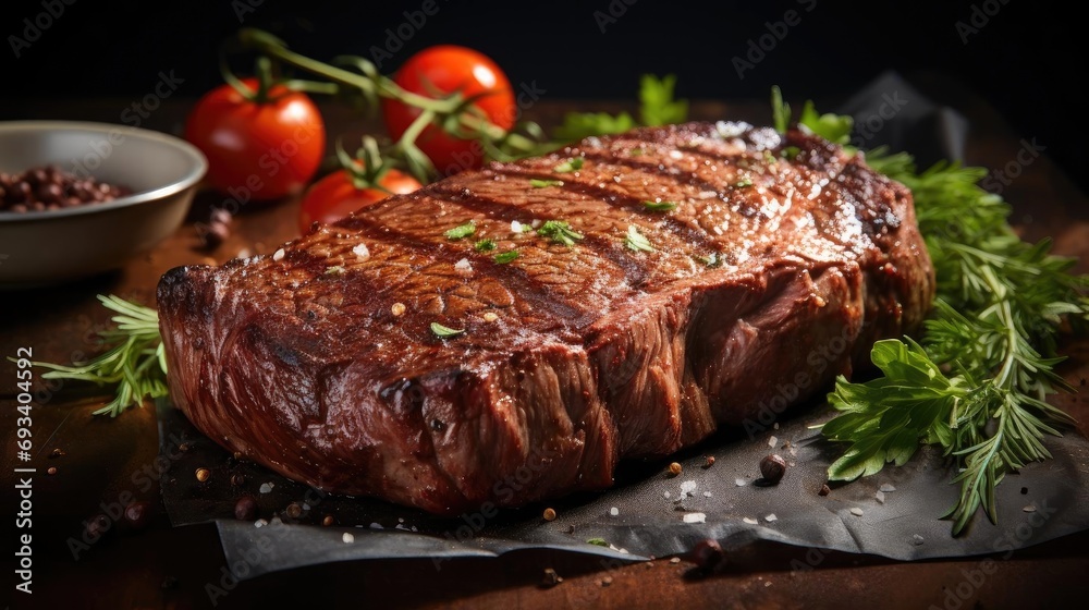 Grilled steak with melted barbeque sauce on a black and blurry background