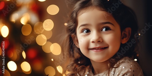 Close up portrait of little cute smiling child girl near decorated Christmas tree on background of bright festive lights. Merry Christmas