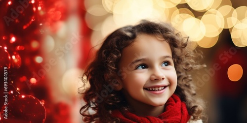 Close up portrait of little cute smiling child girl near decorated Christmas tree on background of bright festive lights. Merry Christmas