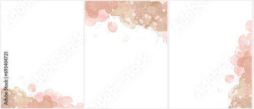 Set of 3 Delicate Abstract Watercolor Style Vector Layouts. Light Brown and Pink Paint Stains on a White Background. Pastel Color Stains and Splatter Print Set.
