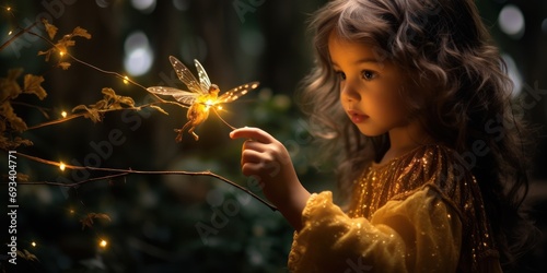 Little girl playing fairy stick, night forest, holding fairy stick, happy © kimly