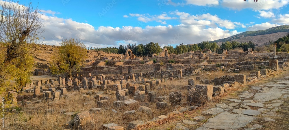 Remains of Cuicul village in Djemila town, archaeological area rich in well-preserved Berber-Roman ruins in North Africa, UNESCO World Heritage Site, Sétif, Algeria.