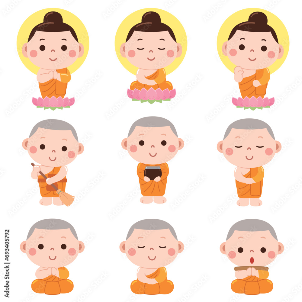 A peaceful and charming cartoon-style illustration featuring young Buddhist monks and Buddha figures in various meditative and daily life activities. A peaceful and charming cartoon-style illustration featuring young Buddhist monks and Buddha figures in various meditative and daily life activities.
