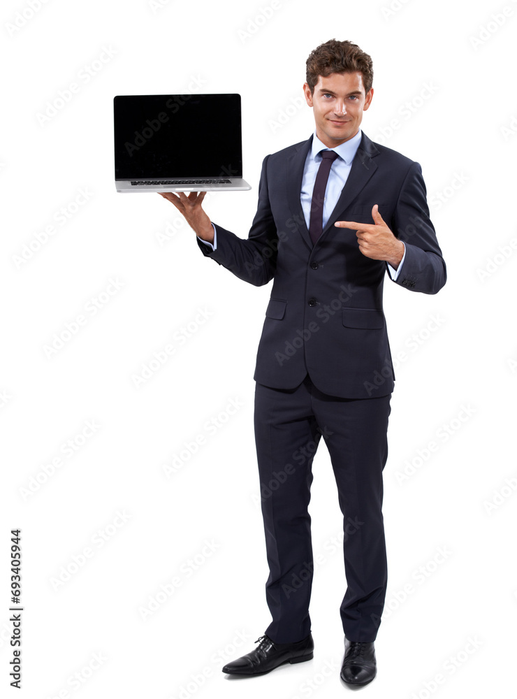 Business man, laptop screen and pointing to presentation for investment offer or registration in studio portrait. Professional investor on computer mockup and online information on a white background Business man, laptop screen and pointing to presentation for investment offer or registration in studio portrait. Professional investor on computer mockup and online information on a white background