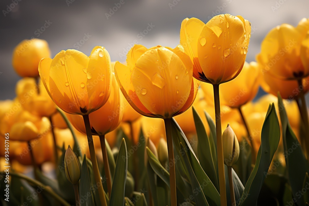 Obraz premium Yellow tulips in field close-up. Generative AI