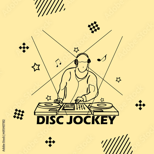 National Disc Jockey Day event banner. Illustration of a disc jockey or DJ playing his DJ music equipment, with bold text on light yellow background to celebrate on January 20