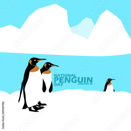 National Penguin Day event banner. Some penguins are on snow ice with sea and icebergs to commemorate on January 20th