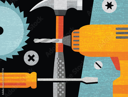 Abstract collage of hand tools and power tools for home improvement. Modern vector illustration for artwork, decor, social media, banners