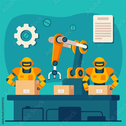 Humanoid robots and manipulator arm working at assembly line. Vector illustration. Robots packing goods, loading online orders in warehouse. Automation stock, supply chain, modern technology concept