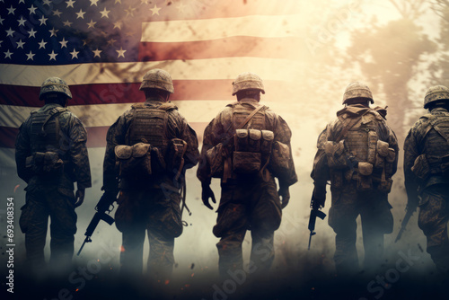 US American soldier team portrait in front of the United States of America flag background. photo