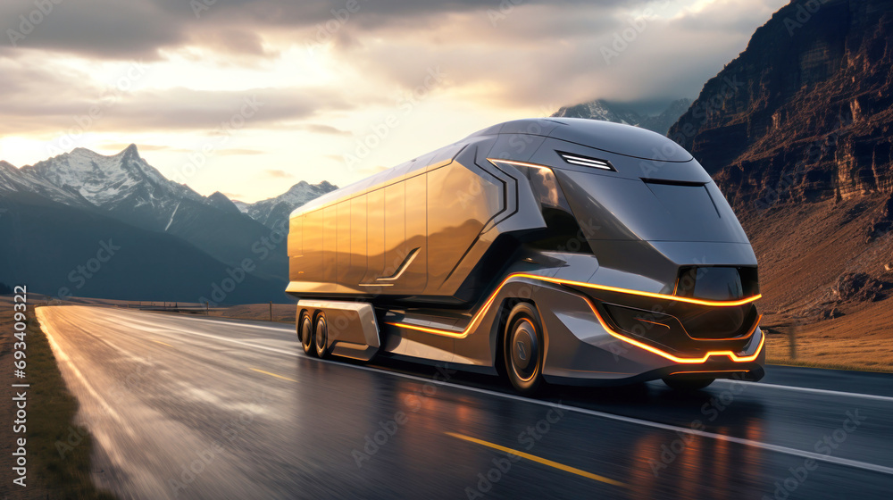 Futuristic semi-trailer on the highway, highway. sunrise or sunset. The electric truck carries out international cargo transportation. Deserted highway with a truck.