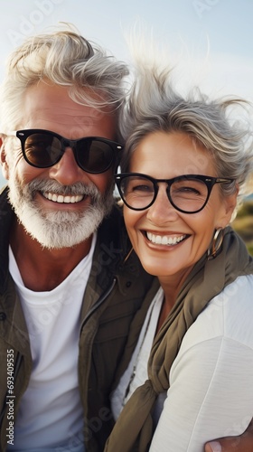 Close-up stylish mature senior couple in love man and woman travelling at retirement vacation leading active lifstyle and healthy aging together photo
