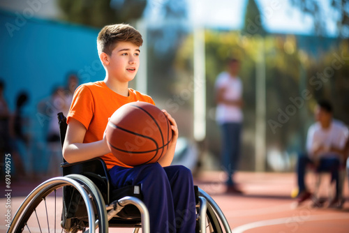 A disabled man in a wheelchair on a sports ground. Sports for people with disabilities. Basketball.