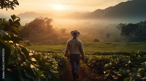 strolling through a coffee field at sunrise: man with hat enjoying serene morning moments photo