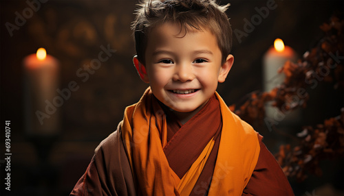 Buddhist monks. Thai or Myanmar, Cambodia Buddhist. Young Buddhist monk portrait in red and yellow orange. Indian Tibetan old monk meditation temple