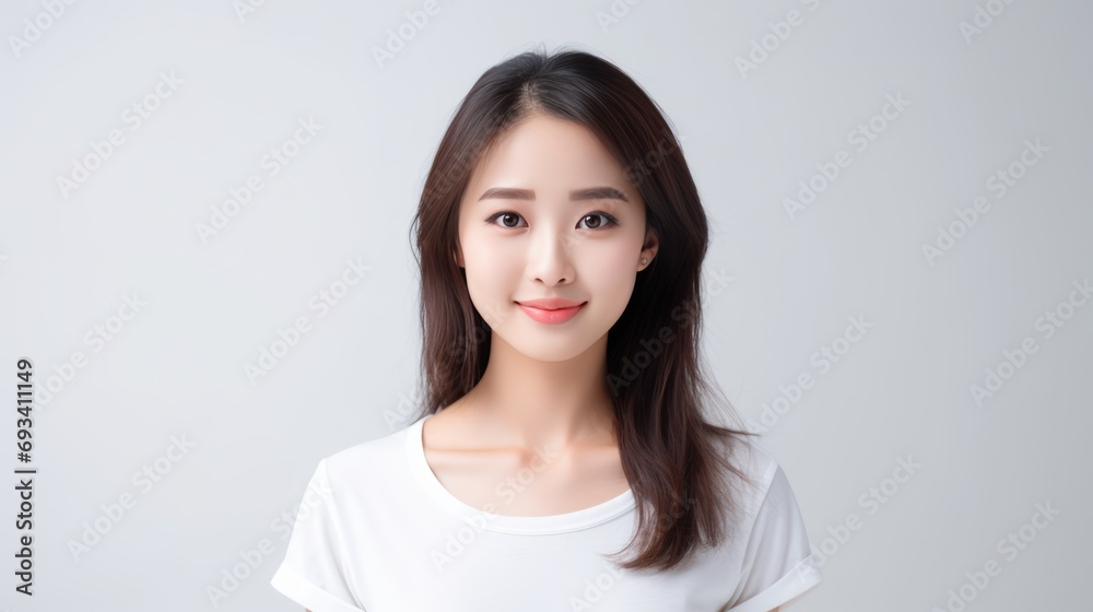Attractive brunette Asian woman wearing a white t-shirt and glasses Isolated on white background. Attractive brunette Asian woman wearing a white t-shirt and glasses Isolated on white background.