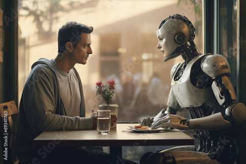 A man on a romantic date with a robot, girlfriend chatbot, romance and technology