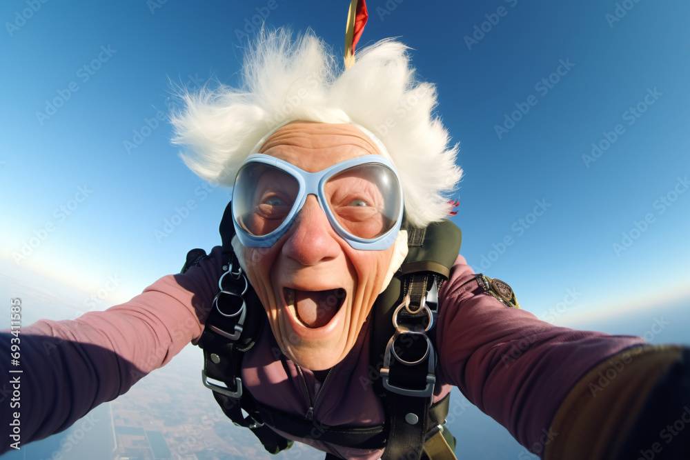An elderly lady taking a selfie while skydiving An elderly lady taking a selfie while skydiving