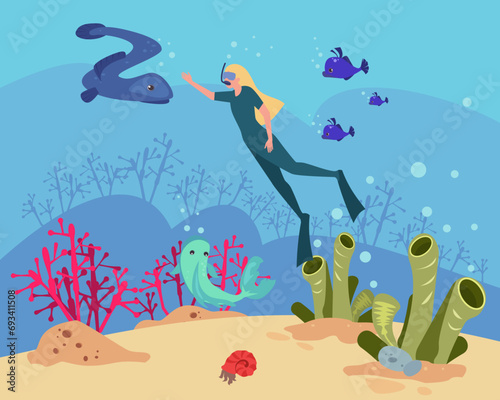 Woman in mask, snorkel and flippers diving vector illustration. Fish, corals on background. Scuba diving, hobby, underwater world concept